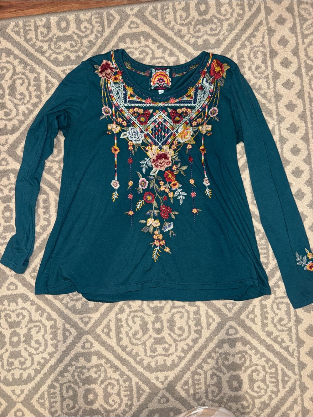 Johnny Was Teal Long-Sleeve Top with Multicolor Floral Embroidery